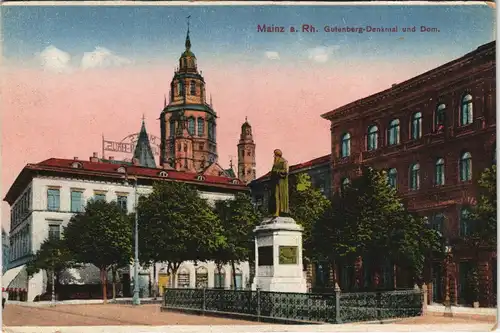 Ansichtskarte Mainz Gutenberg-Denkmal, dahinter Dom 1923