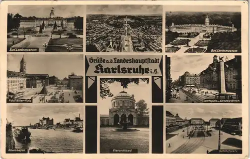 Karlsruhe Mehrbildkarte Sehenswürdigkeiten & Stadtteilansichten 1942