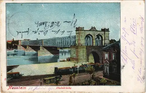Ansichtskarte Mannheim Rheinbrücke Rhein-Brücke mit Brückenkopf 1906