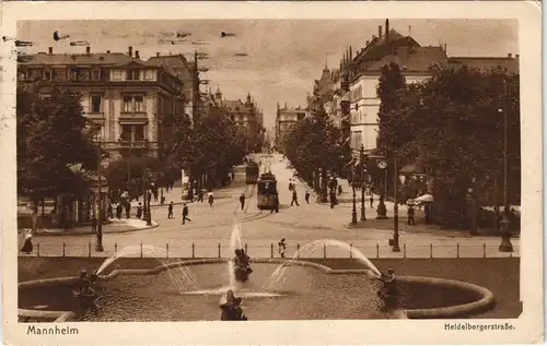 Ansichtskarte Mannheim Heidelbergerstraße belebt, Tram, Wasserspiele 1926