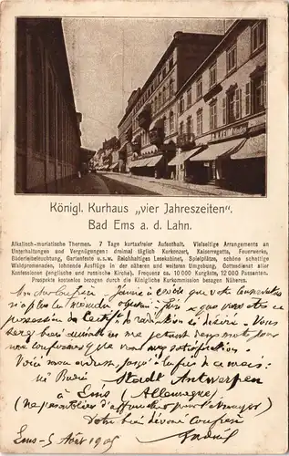 Ansichtskarte Bad Ems Königl. Kurhaus „vier Jahreszeiten“ 1905