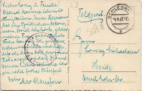 Schleswig (Sleswig/Slesvig) Schloss Gottorp, gel Feldpost 2. WK 1942