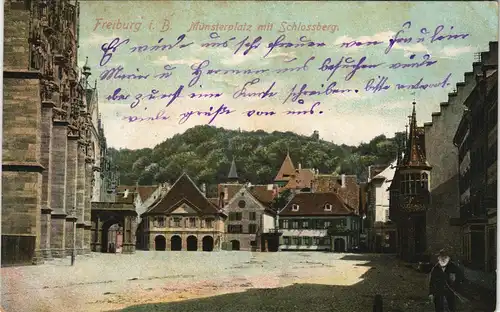 Ansichtskarte Freiburg im Breisgau Münsterplatz mit Schlossberg 1912/1906