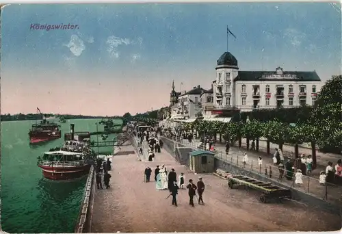 Ansichtskarte Königswinter Rheinpromenade Schiffsanlegestelle am Rhein 1919