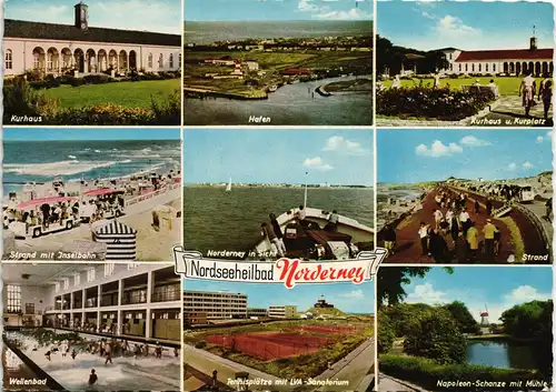 Norderney Mehrbild-AK ua. Hafen Luftbild, Kurhaus, Strand, Wellenbad uvm. 1966