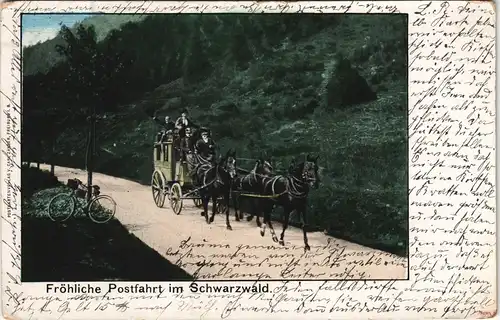 .Baden-Württemberg Fröhliche Postfahrt im Schwarzwald (mit Kutsche) 1905