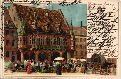 Freiburg im Breisgau Kaufhaus belebter Vorplatz, Künstlerkarte 1902