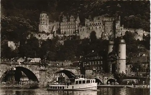 Ansichtskarte Heidelberg Panorama-Ansicht Fahrgastschiff Neckar vor Burg 1960