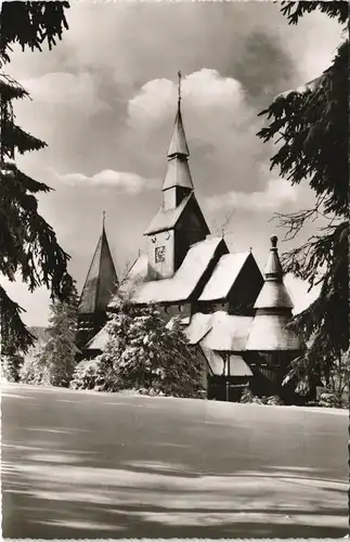 Hahnenklee-Goslar Gustav-Adolf-Stabkirche, verschneit im Winter 1960