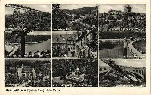 Bergisches Land Mehrbild-AK ua Remscheider Talsperre, Schloß Burg Wupper   1950