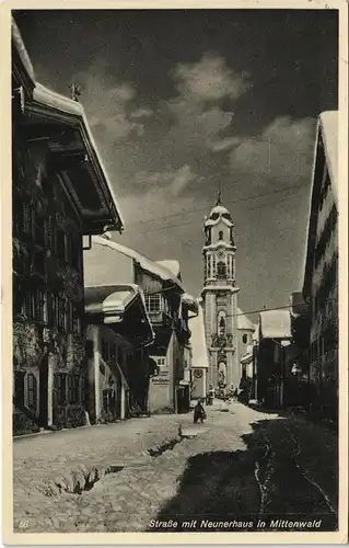 Ansichtskarte Mittenwald Straße mit Neunerhaus im Winter 1937