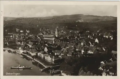 Ansichtskarte Überlingen Luftbild: ankommender Dampfer 1934
