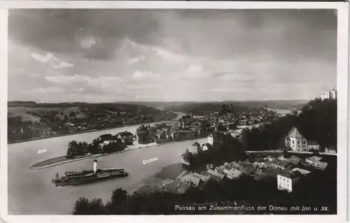 Ansichtskarte Passau Panorama Zusammenfluss der Donau mit Inn u. Jlz 1930 #