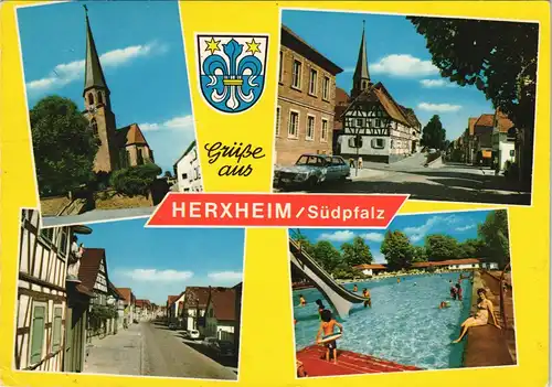 Herxheim bei Landau/Pfalz Mehrbildkarte 4 Ansichten ua. Kirche u. Freibad 1976