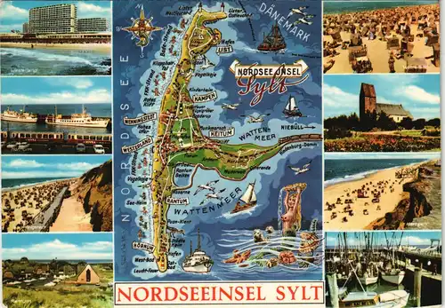 Ansichtskarte Sylt Mehrbildkarte, Landkarte und div. Insel Ansichten 1970