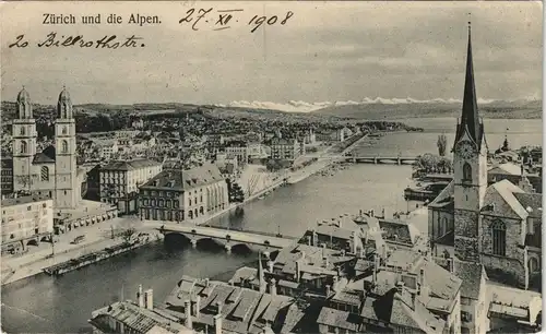 Ansichtskarte Zürich Stadt und die Alpen 1908