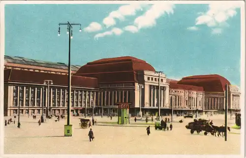 Ansichtskarte Leipzig Hauptbahnhof, color-Künstlerkarte 1953