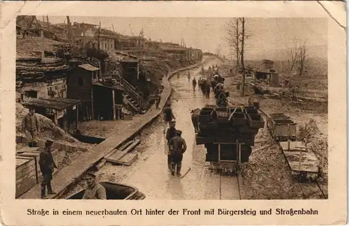 Ansichtskarte  Neuerbaute Straße, WK1 gel. Ortskommando-Briefstempel 1918