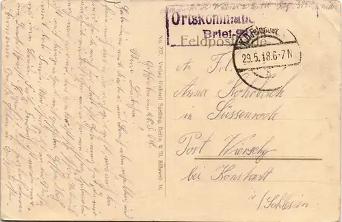 Ansichtskarte  Neuerbaute Straße, WK1 gel. Ortskommando-Briefstempel 1918