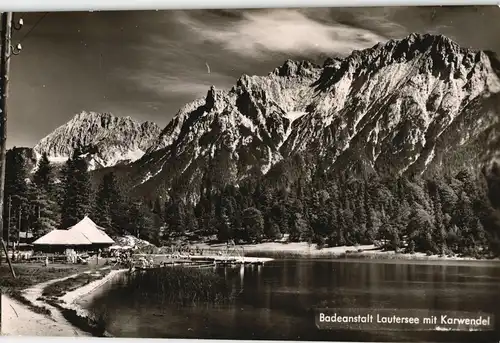 Ansichtskarte Mittenwald Lautersee, Badeanstalt mit Karwendel 1959
