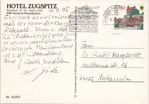 Ansichtskarte Garmisch-Partenkirchen HOTEL ZUGSPITZ Klammstrasse 1995