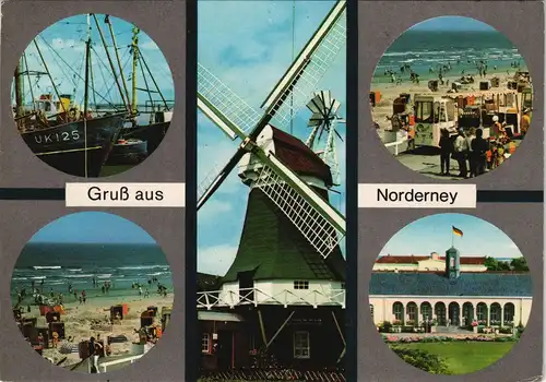Norderney Mehrbildkarte mit Strand, Schiff, Windmühle uvm. 1976