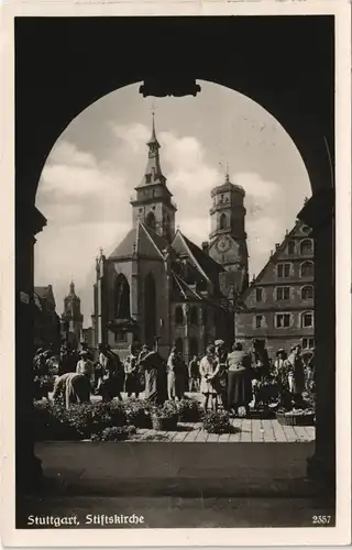 Ansichtskarte Stuttgart Durchblick - Markttriben, Stiftskirche, Fotokarte 1937