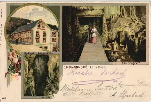 Ansichtskarte Litho AK Hasel (Baden) Erdmannshöhle, Gasthaus - 3 Bild 1905