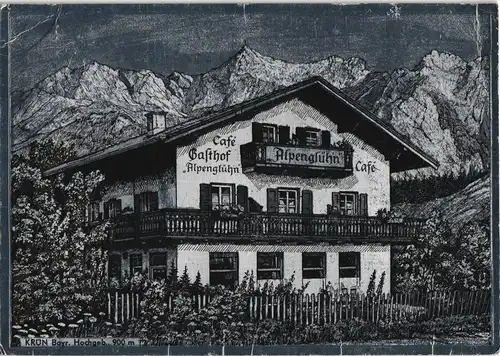 Ansichtskarte Krün Gasthof Alpenglühn - Silber-Effekt-Karte 1964