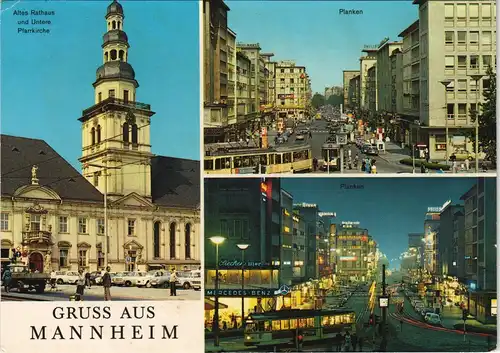 Mannheim Mehrbild-AK Stadtteilansichten ua. Planken und altes Rathaus 1974