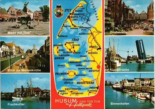 Husum Mehrbild-AK mit Insel-Landkarte, Fischkutter, Klappbrücke uvm. 1986
