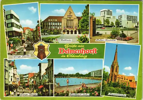 Delmenhorst Demost Mehrbildkarte Strassen, Freibad, Rathaus, Delme-Zentrum 1970