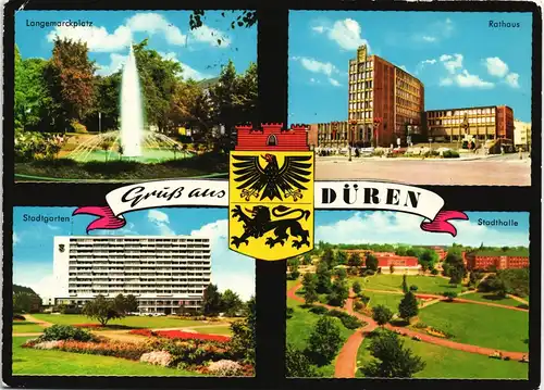 Düren Mehrbild-AK mit Langemarckplatz, Rathaus, Stadthalle, Stadtgarten 1984