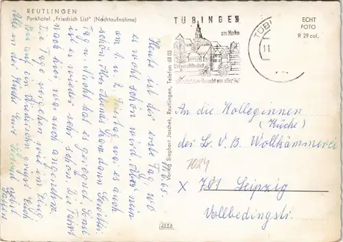 Ansichtskarte Reutlingen Parkhotel Friedrich List Nachtaufnahme 1965