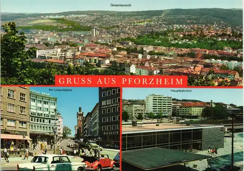 Pforzheim Mehrbild-AK Panorama, Leopoldplatz & Hauptbahnhof 1970