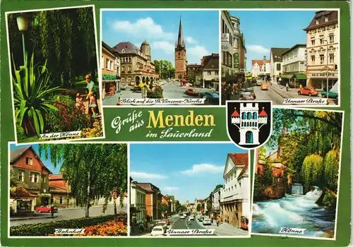Menden (Sauerland) Mehrbild-AK Stadtteilansichten, Strassen, Bahnhof 1975