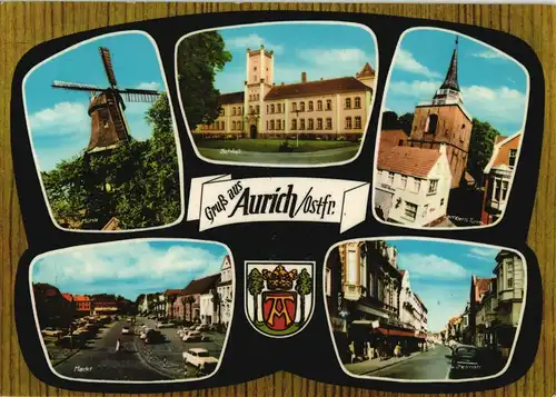 Aurich-Leer (Ostfriesland) Mehrbildkarte mit Mühle, Schloß, Markt, Strassen 1970