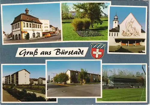 Bürstadt Mehrbild-AK Ortsansichten, Stadion, Strassen & Wohnhäuser 1981