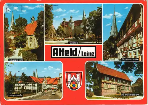 Alfeld (Leine) Mehrbild-AK mit Kirche, Rathaus, Bürgerschenke, Hauptstraße 1976