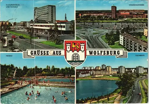 Ansichtskarte Wolfsburg Mehrbild-AK mit Volkswagen-Werk, Freibad uvm. 1972