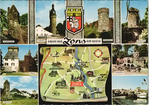 Zons-Dormagen Mehrbild-AK mit Umgebungskarte, Judenturm Krötschenturm uvm. 1970