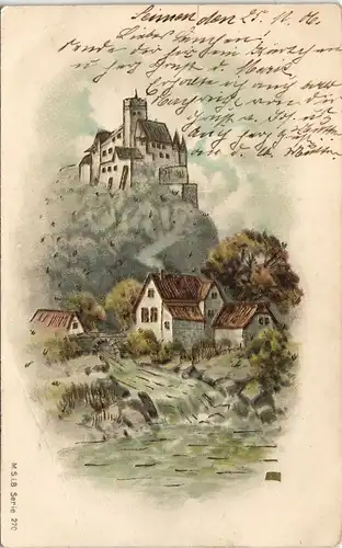 Ansichtskarte  Künstlerkarte Stadt mit Burg - Goldprägekarte 1906 Goldrand