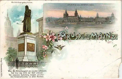 Litho AK Mainz Bei Nacht, Denkmal gel. Bockenheim Ankunftstempel 1899