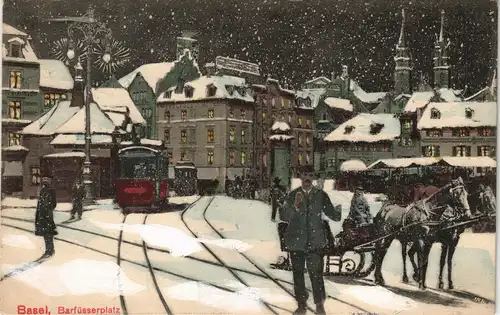 Basel Barfüsserplatz, Weihnachten Schlitten Tram Künstlerkarte 1906