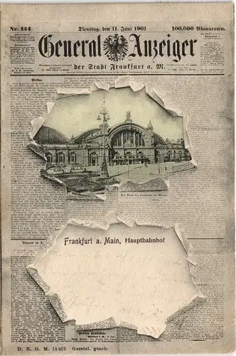 Frankfurt am Main Generalanzeiger - Bahnhof, Effektkarte Zeitung 1901