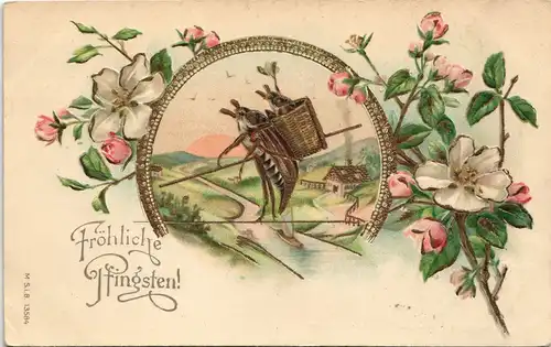 Pfingsten: Pfingstkäfer mit Kiepe Goldprägekarte 1903 Goldrand