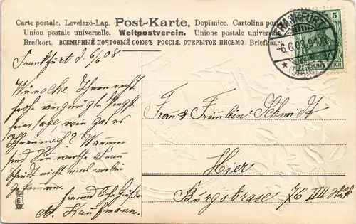 Pfingsten: Pfingstkäfer mit Kiepe Goldprägekarte 1903 Goldrand