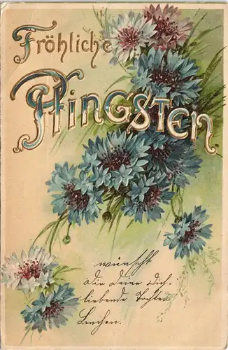 Glückwunsch: Pfingsten Astern-Strauss, Prägekarte 1905 Gold Prägekarte