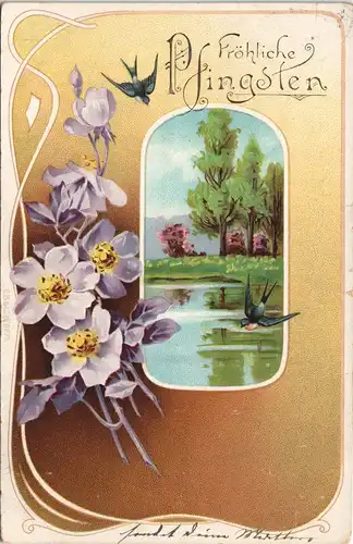 Glückwunsch: Pfingsten JUGENDSTIl-Karte Schwalben Landschaft Blumen 1906