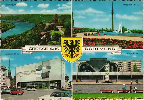 Dortmund Mehrbild-AK mit Fernsehturm, Hohensyburg, Theater, Bibliothek 1978 #
